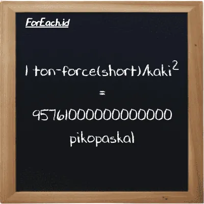 1 ton-force(short)/kaki<sup>2</sup> setara dengan 95761000000000000 pikopaskal (1 tf/ft<sup>2</sup> setara dengan 95761000000000000 pPa)